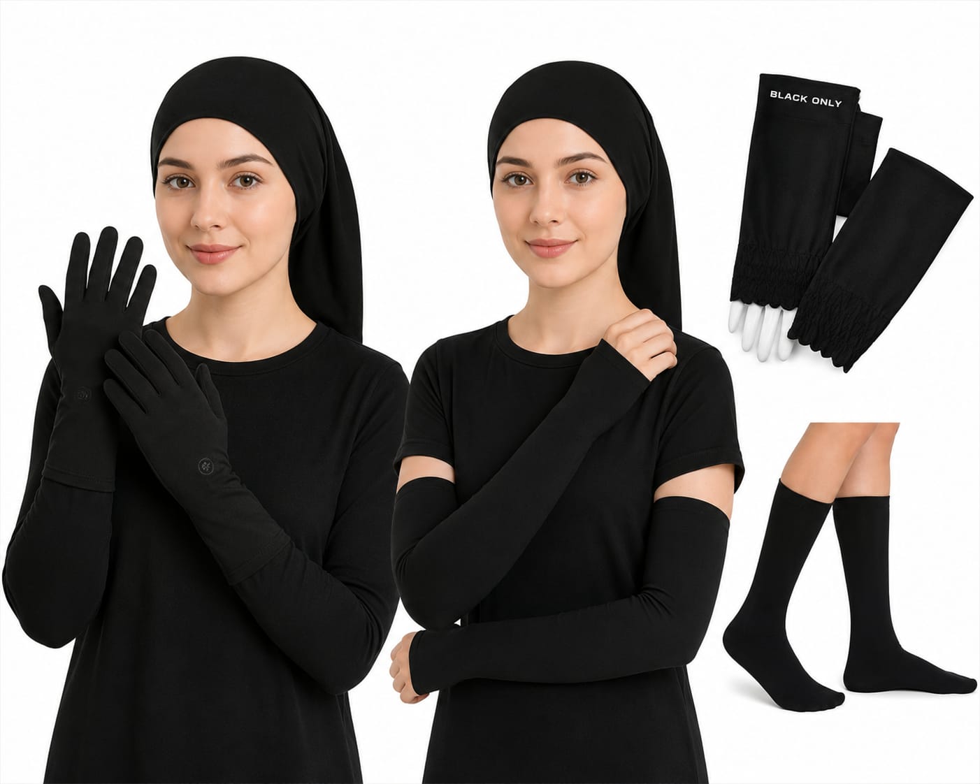 Premium Abaya and Hijab Set-Arm Sleeves, Gloves, Socks & Hijab Tube Cap(Black)