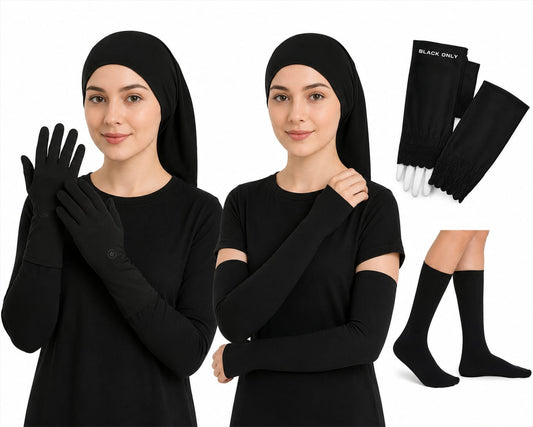 Premium Abaya and Hijab Set-Arm Sleeves, Gloves, Socks & Hijab Tube Cap(Black)